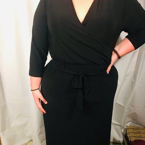 Plus Size Faux Wrap Dress 3/4 Sleeve Black